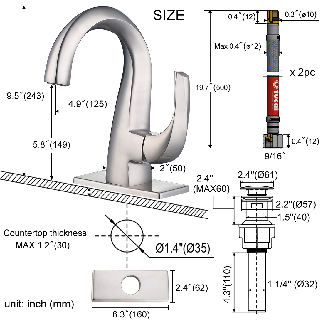 ARCORA Robinets de vasque de salle de bain Nickel brossé 10 2321501 0 2 FU