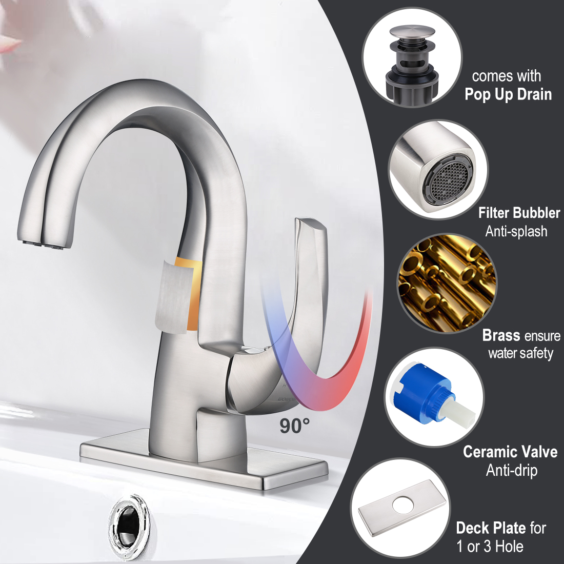 ARCORA Robinets de vasque de salle de bain Nickel brossé 12 2321501 0 4 3