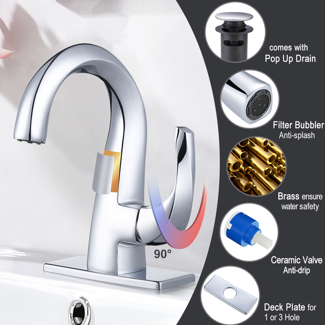 ARCORA Robinet de salle de bain chromé à arc élevé 14 2321501B 0 51