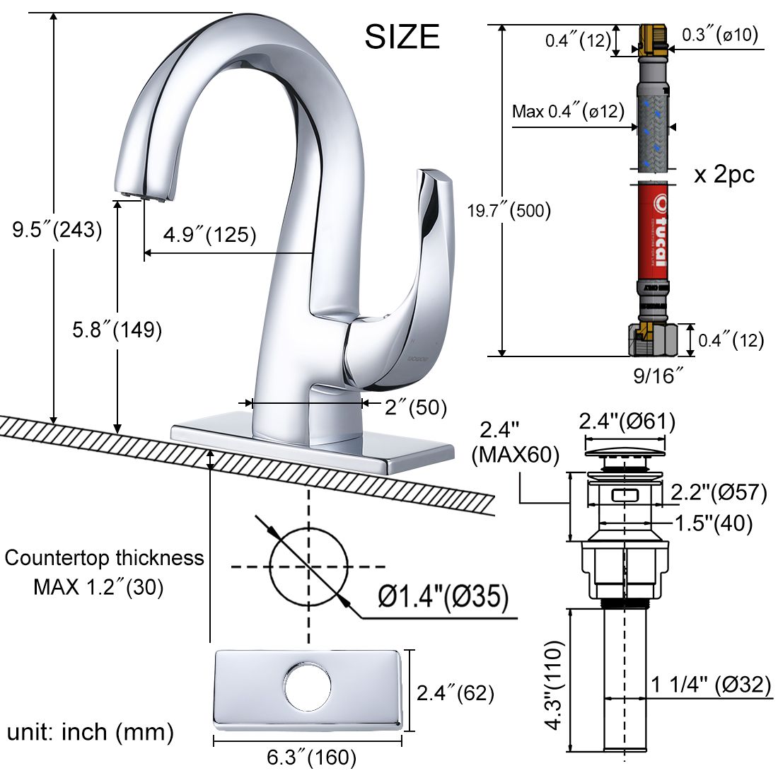 ARCORA Robinet de salle de bain chromé à arc élevé 12 2321501C 0 13 FU