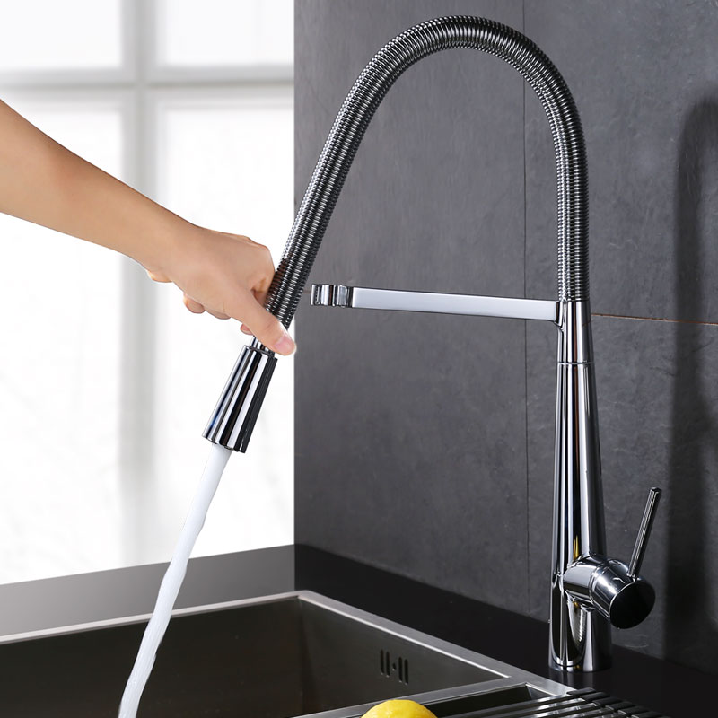 Robinet de cuisine gastronomique de luxe de bobine de ressort d'acier inoxydable solide avec le pulvérisateur en métal 8 5 Solid Stainless Steel Luxury Gourmet Spring Coil Kitchen Faucet With Metal Sprayer 4