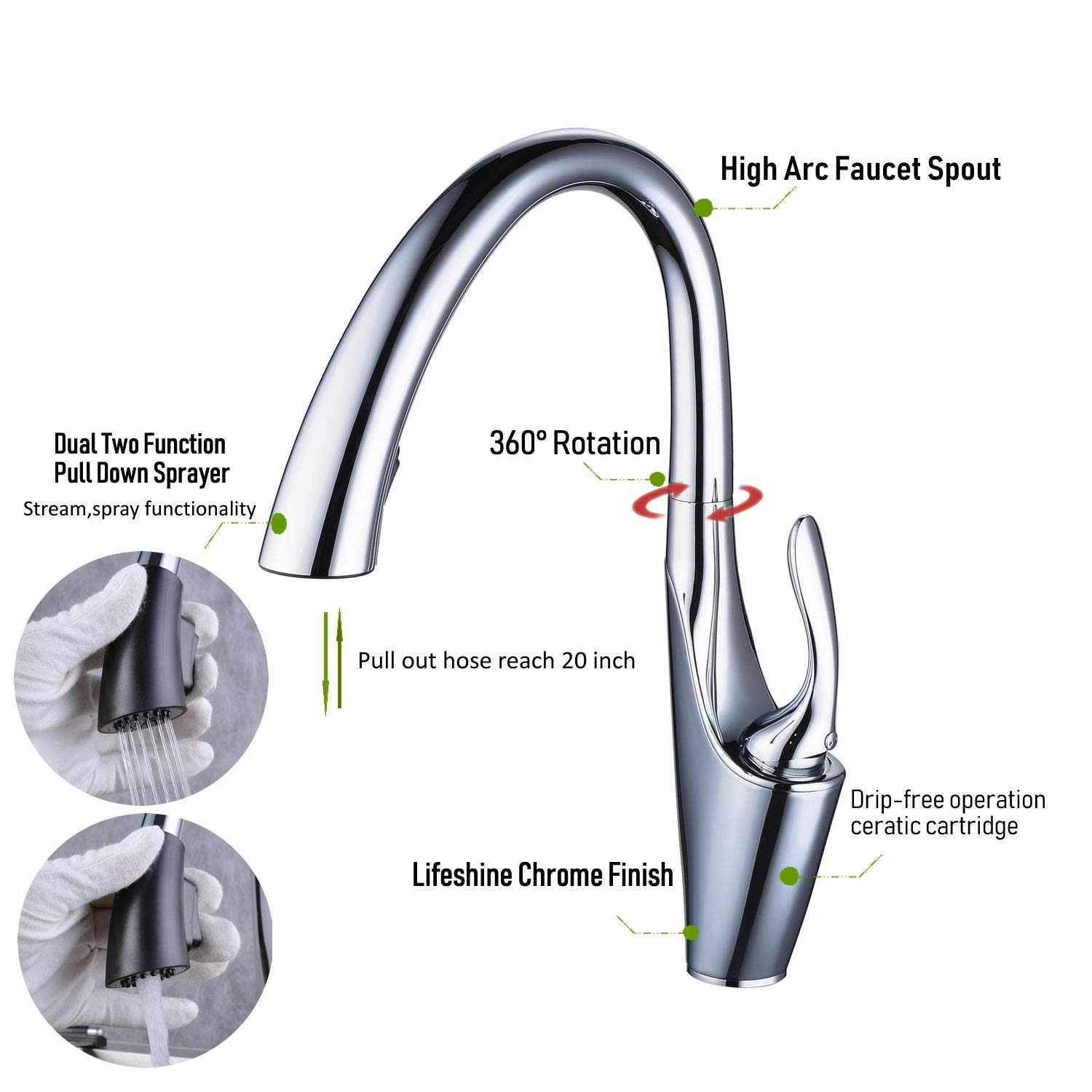 Robinets de cuisine Fini chromé Tirant à levier unique Support 1 trou Tirant Robinet de cuisine contemporain 6 16 Ziehen Sie zeitgenössische Küchen Wasserhahn 3