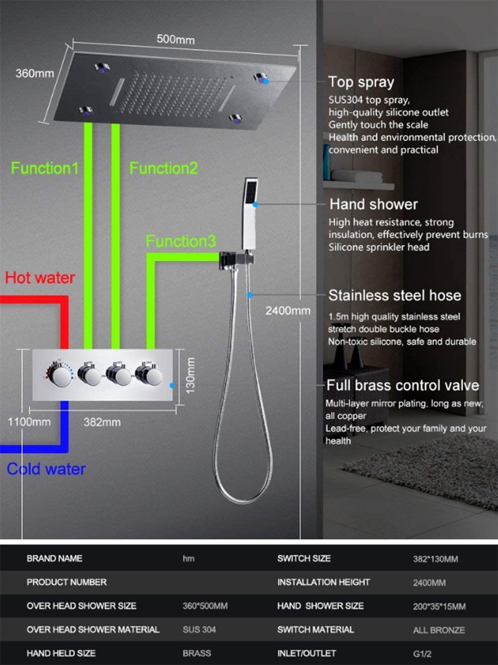 Système de douche, douche multifonction à température constante, 360x500 mm, pluie, acier inoxydable 304, douchette à main, ensemble de douche à effet plui 10 4 konstanter temperatur360x500 mmRegen 304 EdelstahlHandbrauseRainshower Brausegarnitur HM 836009 FBA 4