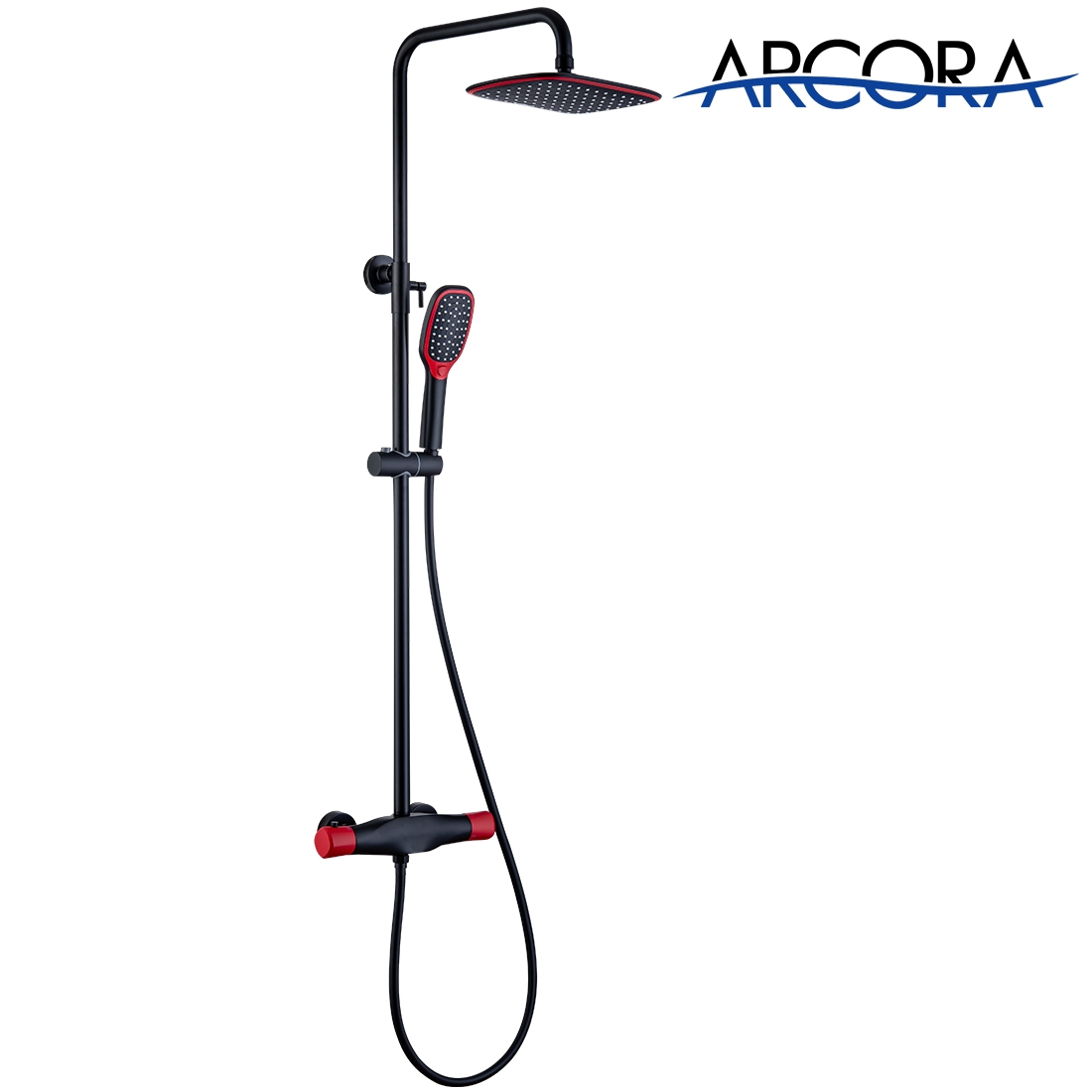 Pommeau de douche thermostatique de pluie de système de douche avec des ensembles tenus dans la main noir et rouge 4 Thermostatic Shower Heads System With Height Adjustable Holder Black And Red 1