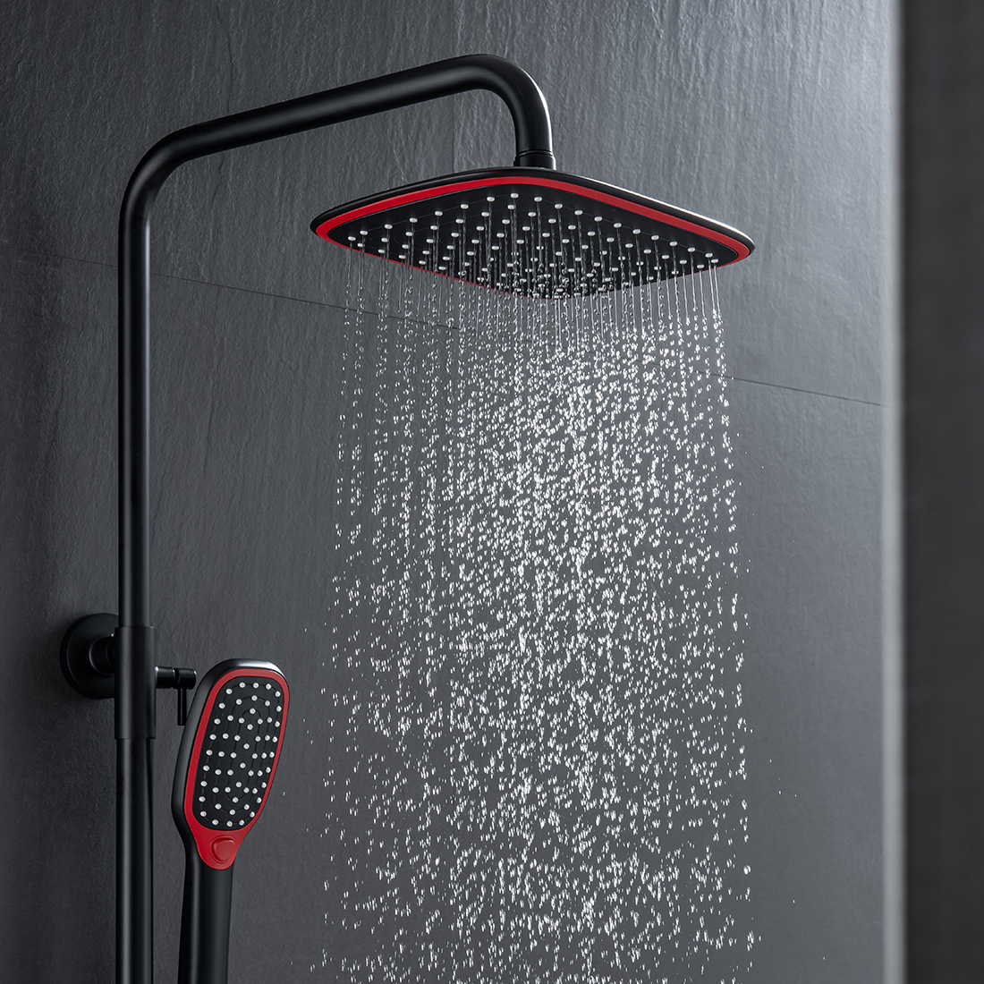 Pommeau de douche thermostatique de pluie de système de douche avec des ensembles tenus dans la main noir et rouge 6 Thermostatic Shower Heads System With Height Adjustable Holder Black And Red 3