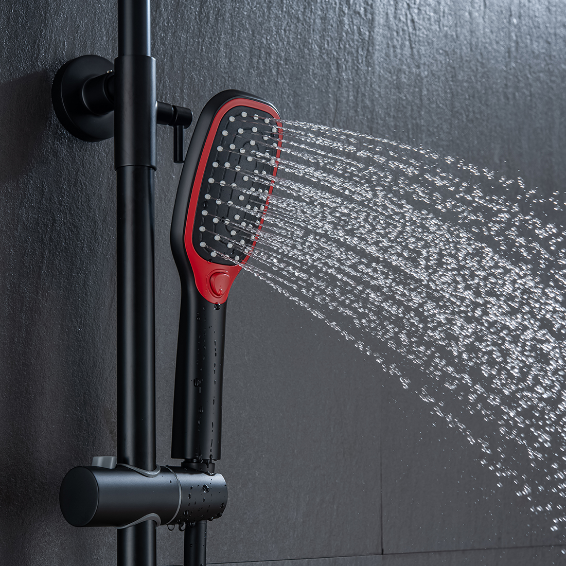 Pommeau de douche thermostatique de pluie de système de douche avec des ensembles tenus dans la main noir et rouge 8 Thermostatic Shower Heads System With Height Adjustable Holder Black And Red 4