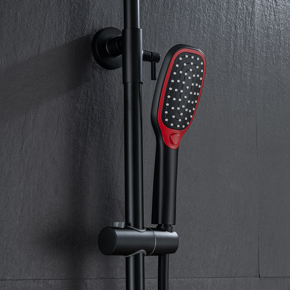 Pommeau de douche thermostatique de pluie de système de douche avec des ensembles tenus dans la main noir et rouge 14 Thermostatic Shower Heads System With Height Adjustable Holder Black And Red 7