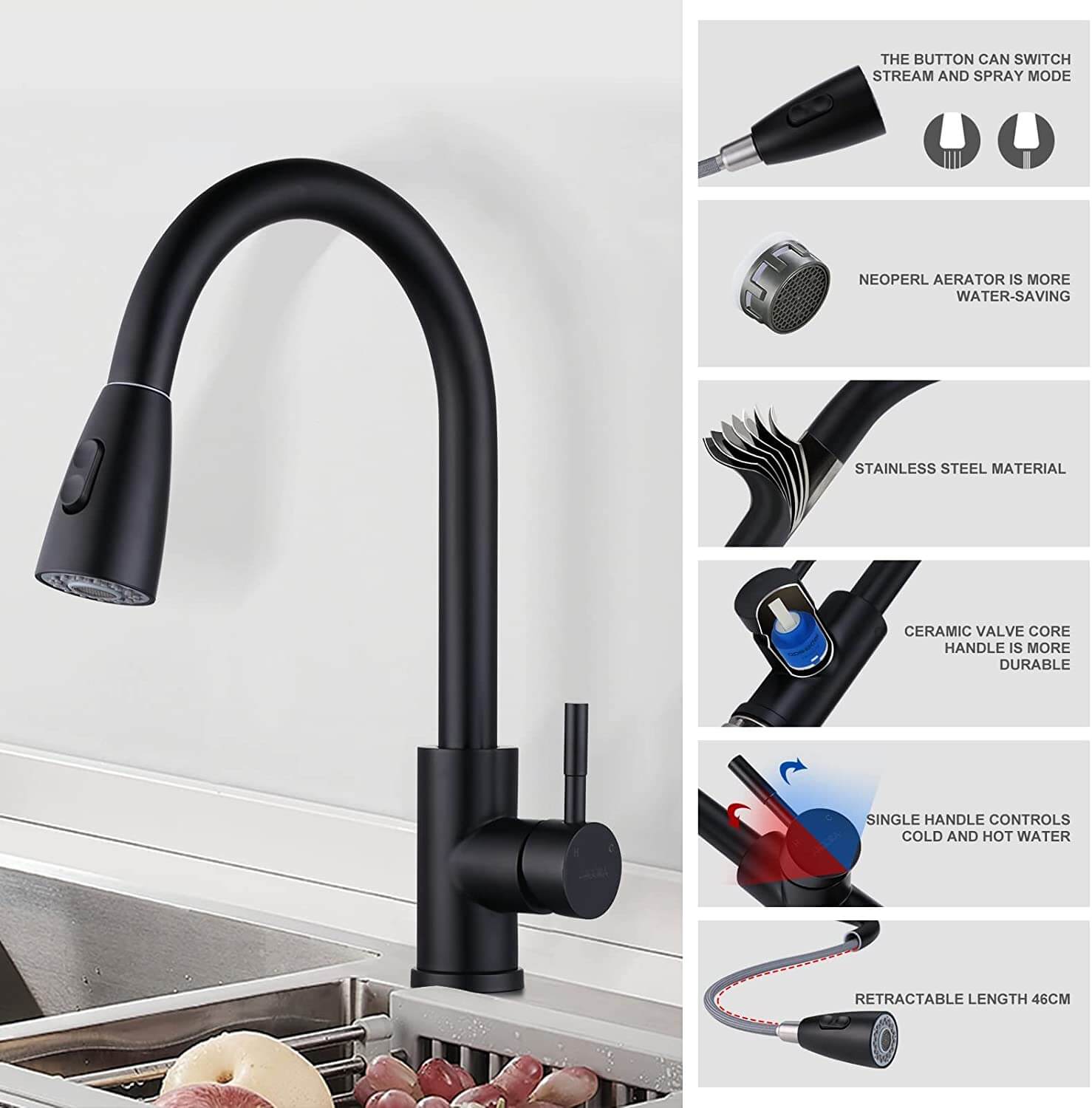 ARCORA Robinet Cuisine Noir, Mitigeur Evier avec Douchette Étirable en Acier Inoxydable 8 robinet cuisine noir