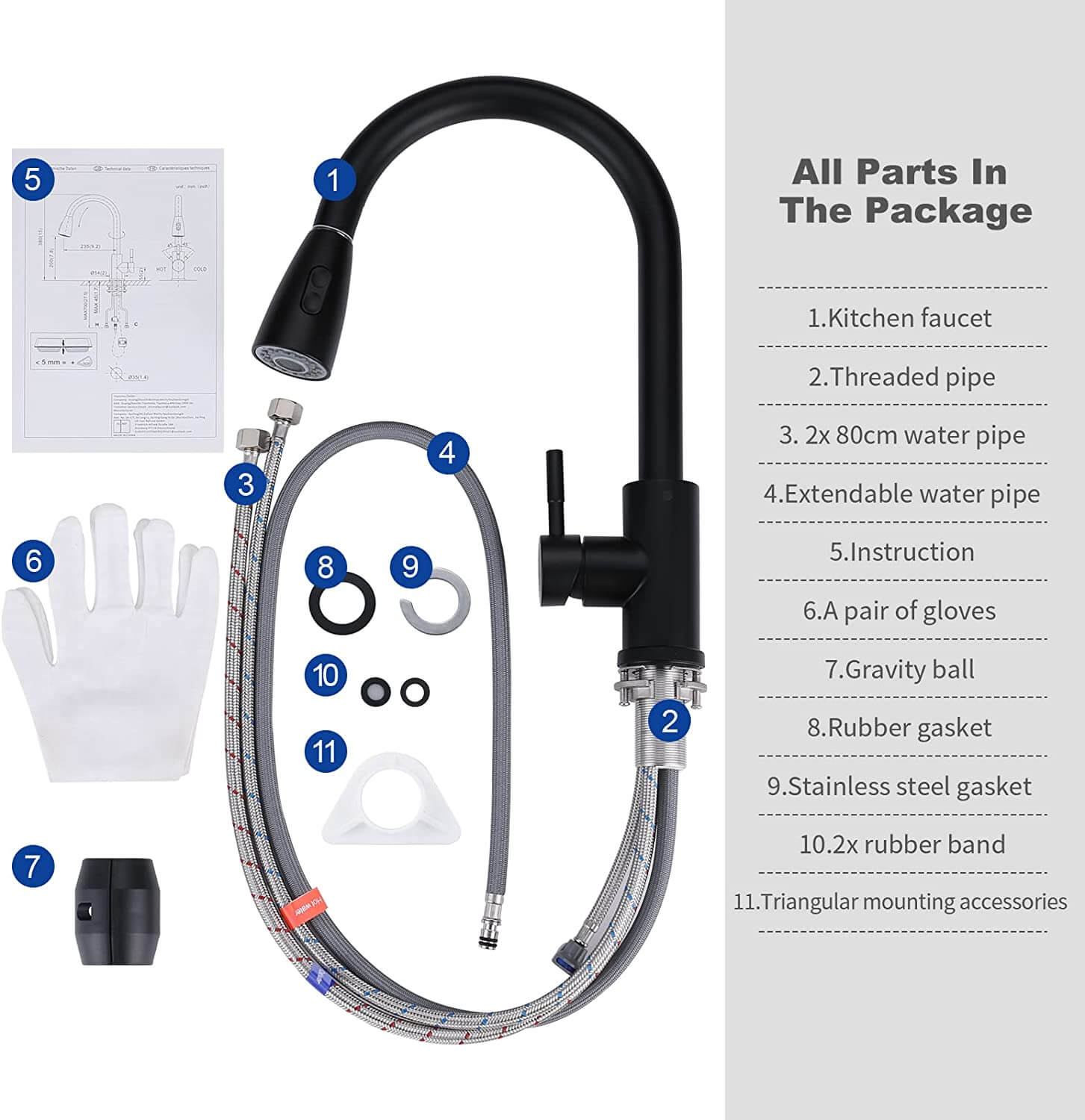 ARCORA Robinet Cuisine Noir, Mitigeur Evier avec Douchette Étirable en Acier Inoxydable 10 robinet cuisine noir
