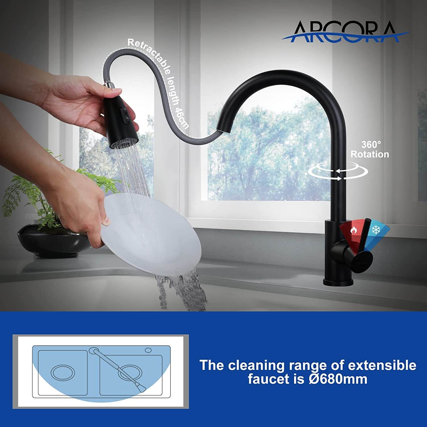 ARCORA Robinet Cuisine Noir, Mitigeur Evier avec Douchette Étirable en Acier Inoxydable 2 robinet cuisine noir
