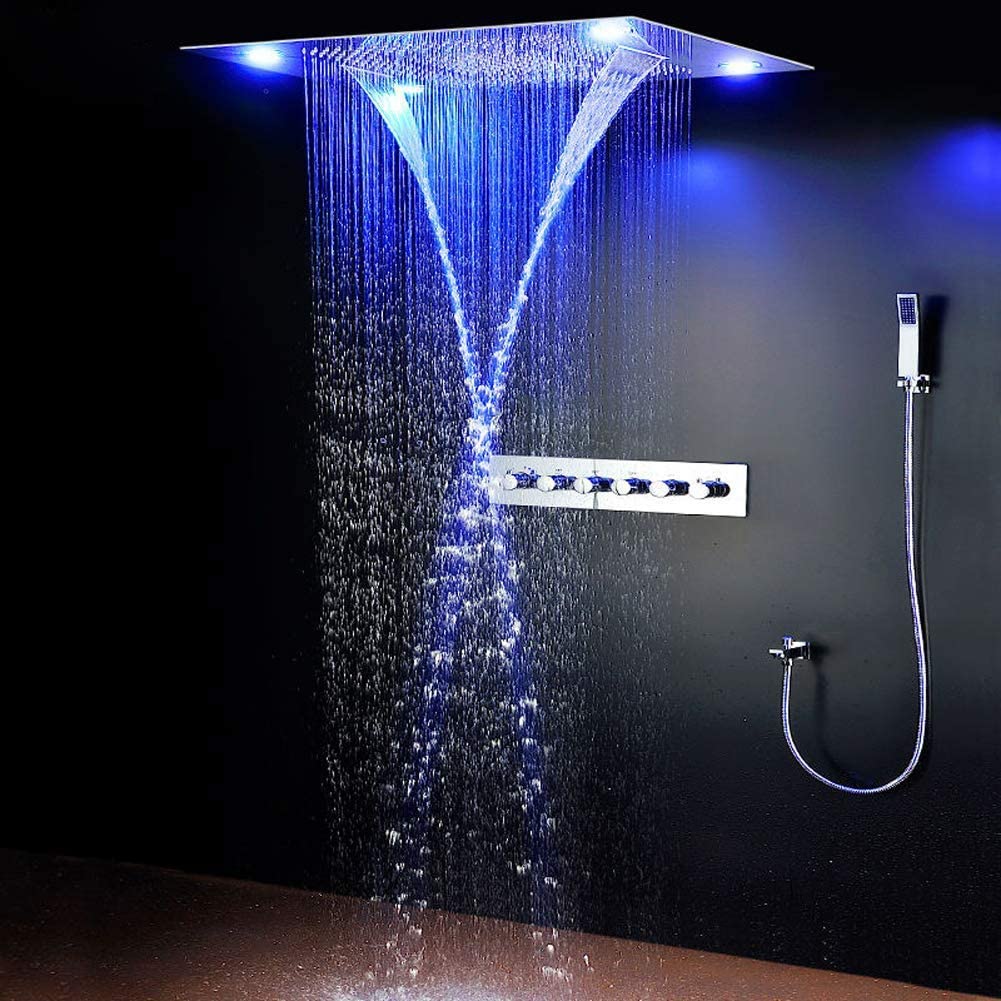 Système de douche douche RVB 4 fonctions à température constante, ensemble de douche à effet pluie 600×800 mm avec, jet spa, pluie, acier inoxydable 304, robinetterie de douche, douchette à main
