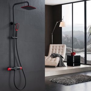 Pommeau de douche thermostatique de pluie de système de douche avec des ensembles tenus dans la main noir et rouge