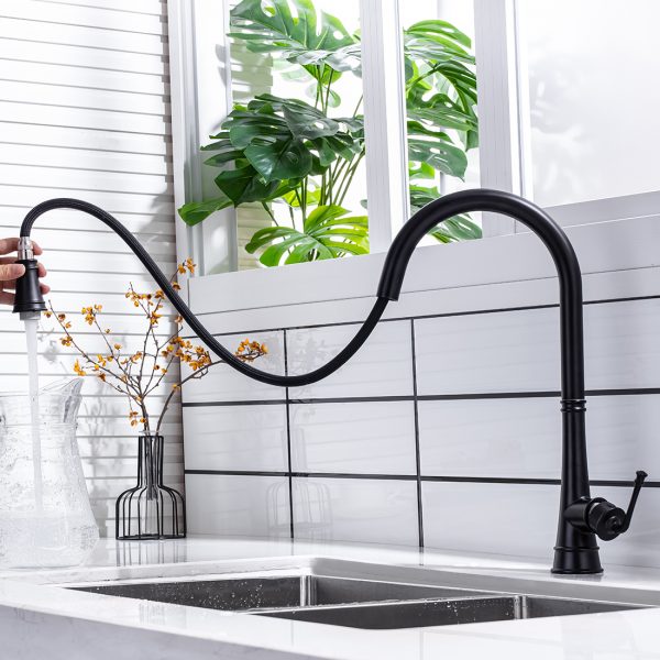 Vintage High Arc Single Hole Black Kitchen Sinks Faucet with Pull Down Sprayer 4
